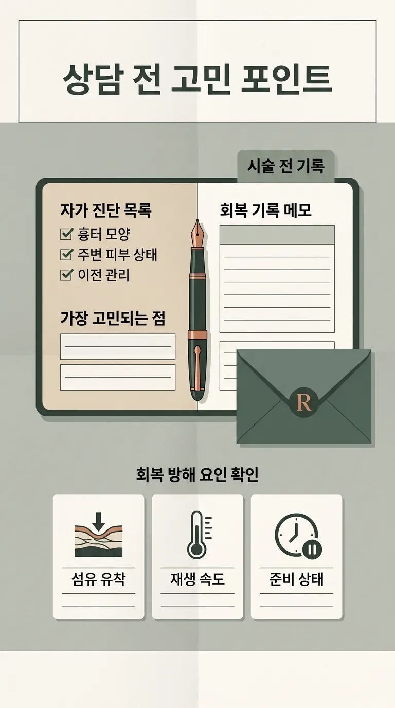 조용한 상담실 테이블 위 만년필과 기록 메모