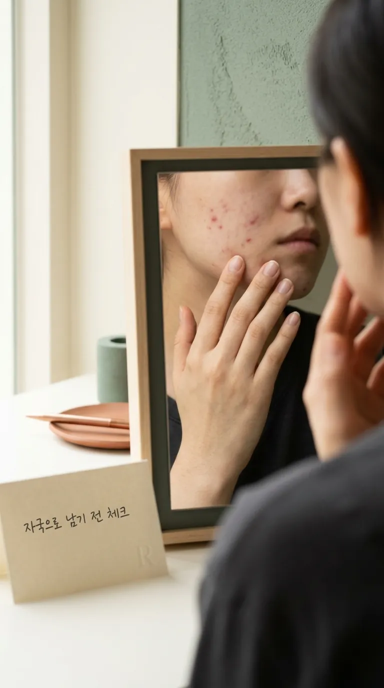 거울 앞 붉은 자국을 살피는 모습