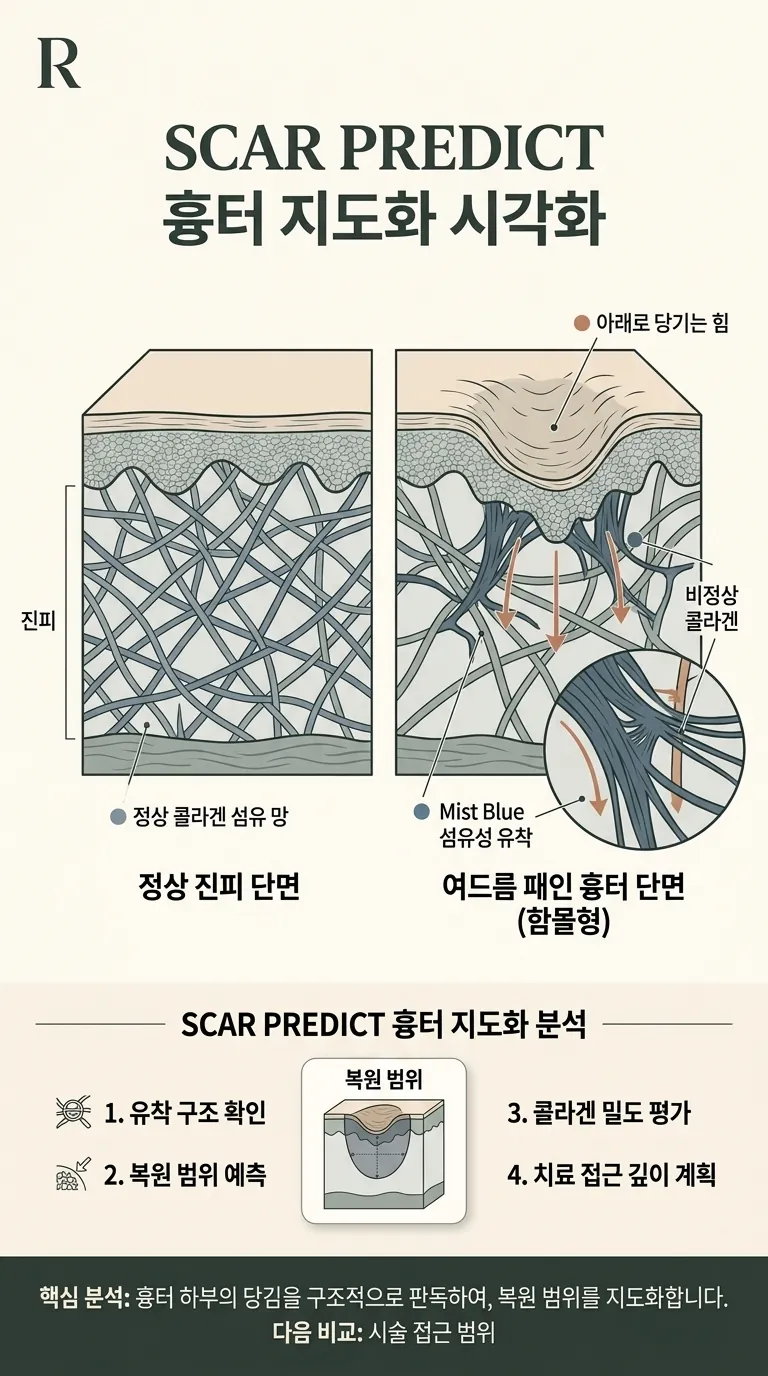 SCAR PREDICT 흉터 지도화 시각화 (정상 콜라겐 망과 유착 구조 비교)