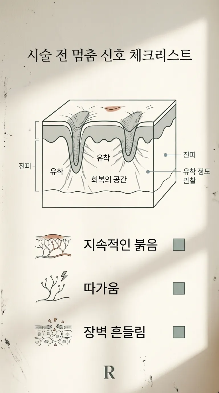 시술 전 멈춤 신호 체크리스트 — 붉음·따가움·장벽 흔들림