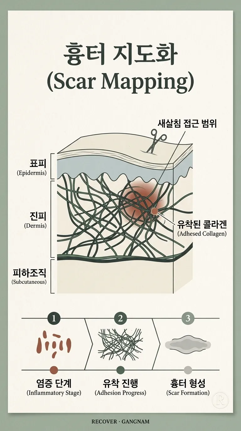 피부 아래 콜라겐 섬유가 엉겨 붙은 단면 도식