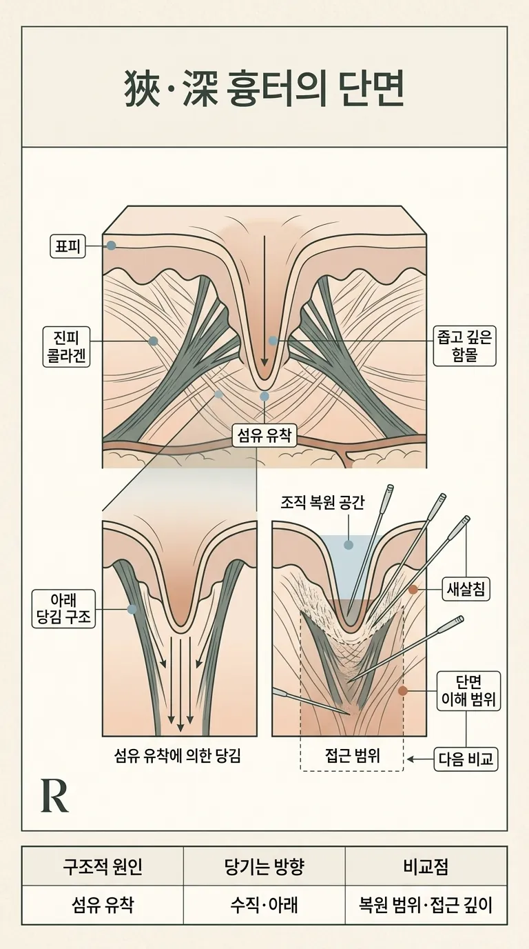 좁고 깊은 흉터 진피 단면의 아래 당김 구조 도식