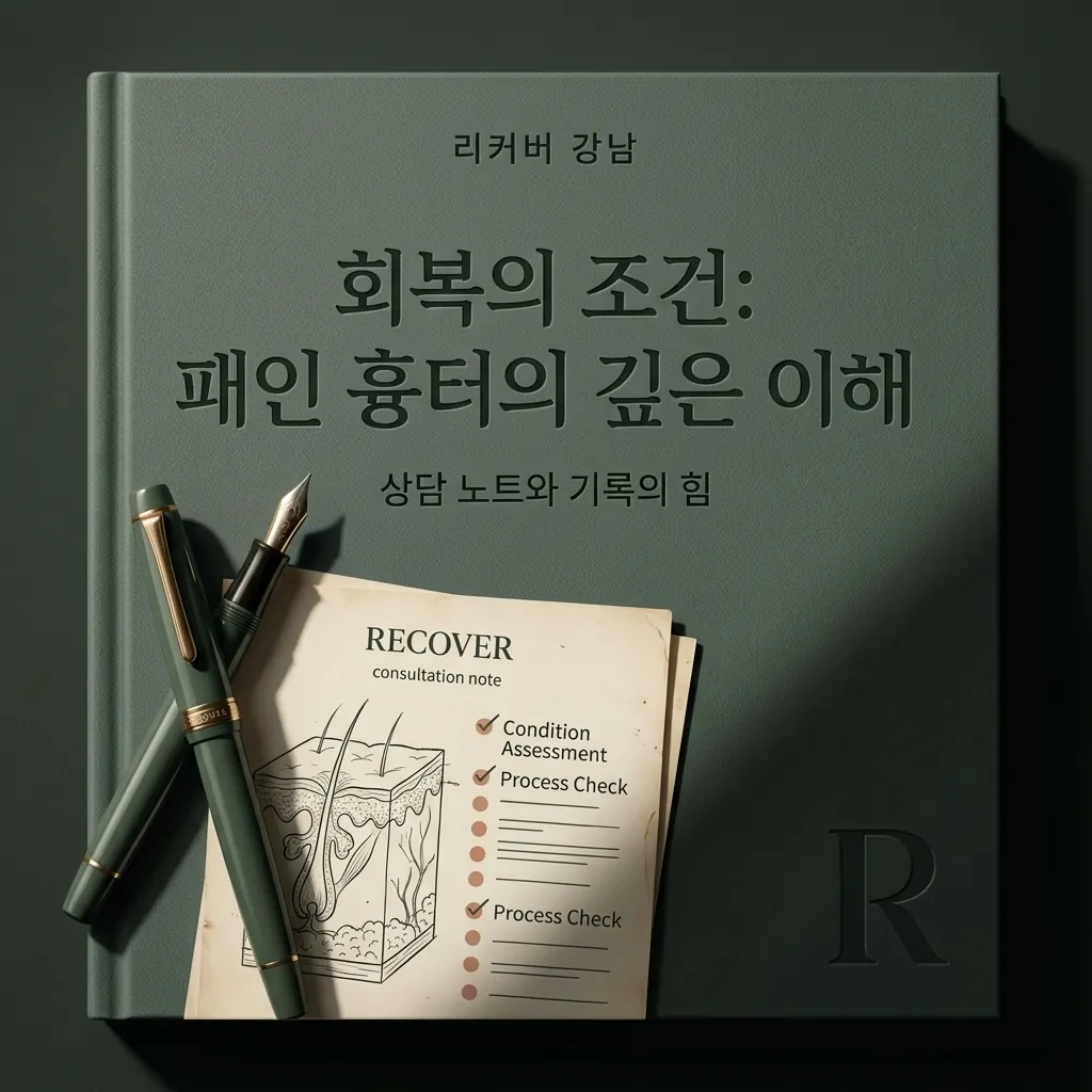상담 노트 위 놓인 만년필과 회복 조건 체크리스트