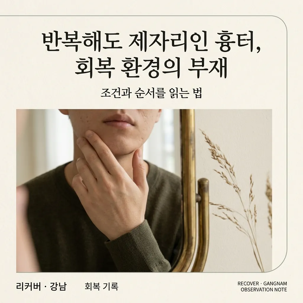 거울 앞 피부 고민을 확인하는 손