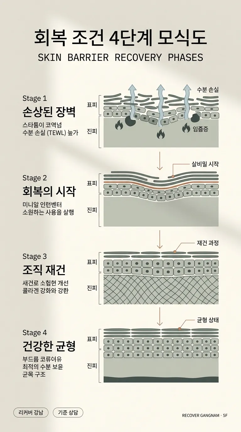 피부 장벽 상태와 회복 조건의 4단계 모식도