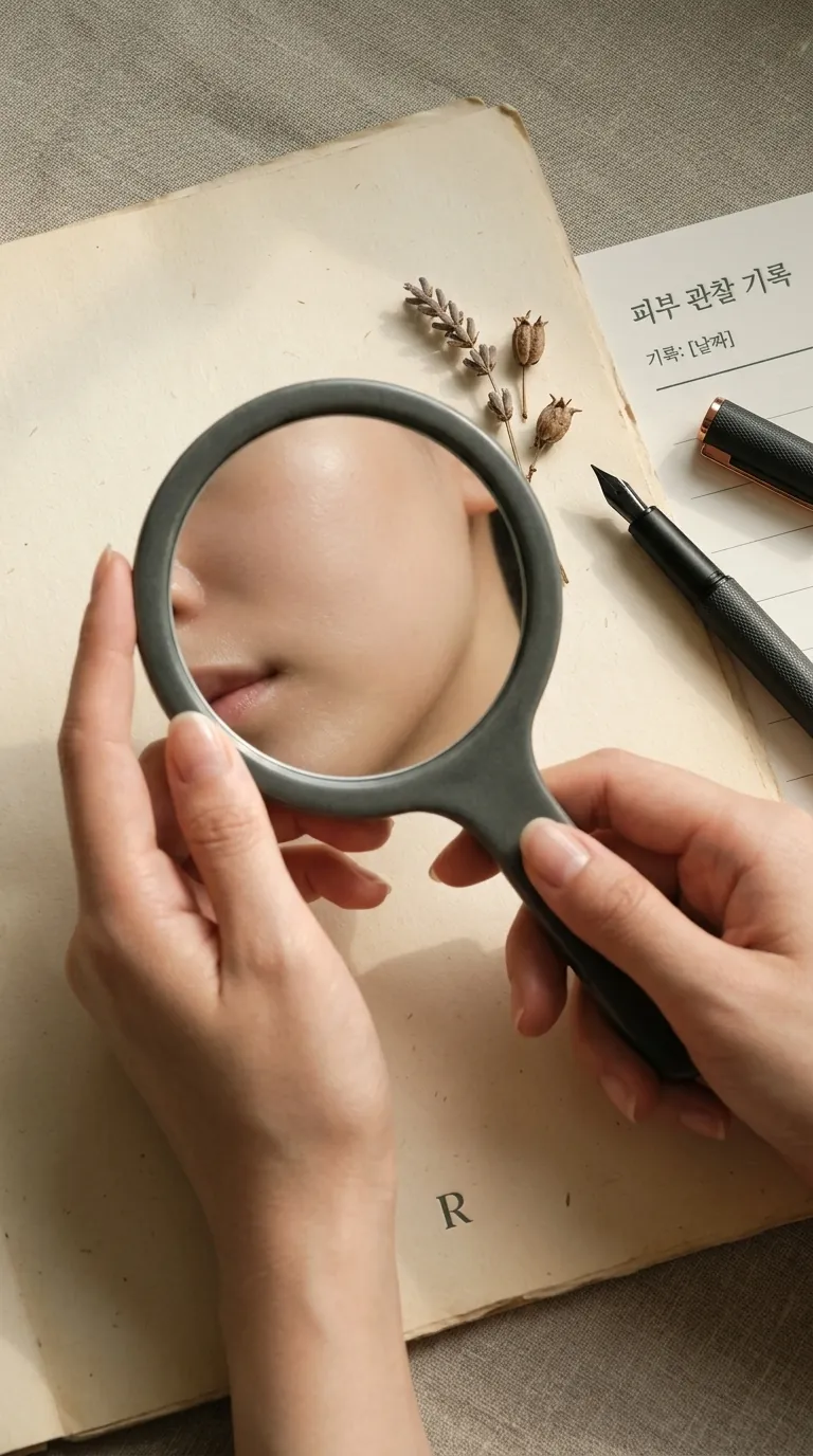 거울 앞 피부 고민을 확인하는 환자 일상