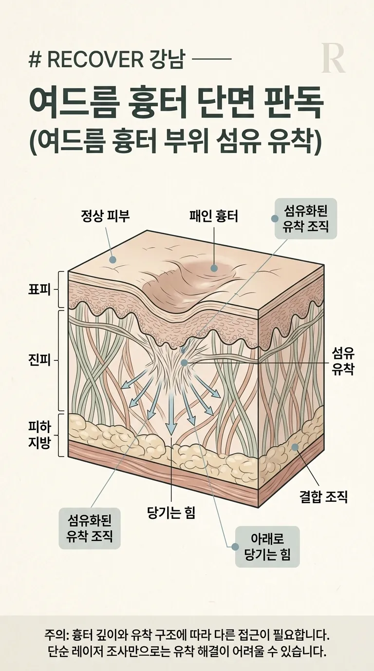 진피 단면 — 여드름 흉터 부위 섬유 유착 (당기는 방향 화살표 표시)