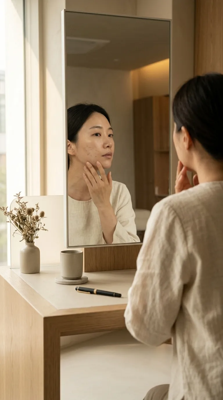 거울 앞에서 피부 자국을 유심히 살피는 모습