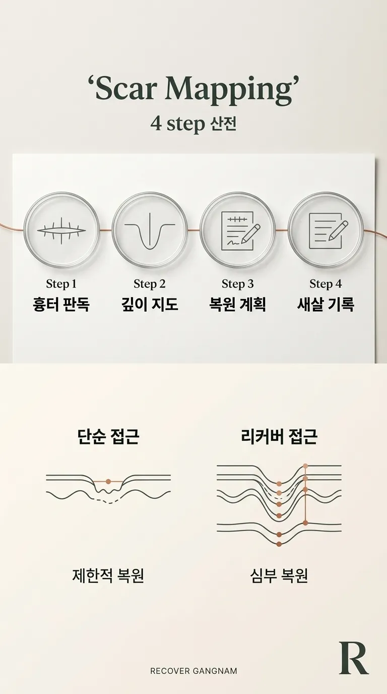 흉터 지도화 4단계 흐름과 복원 범위 비교