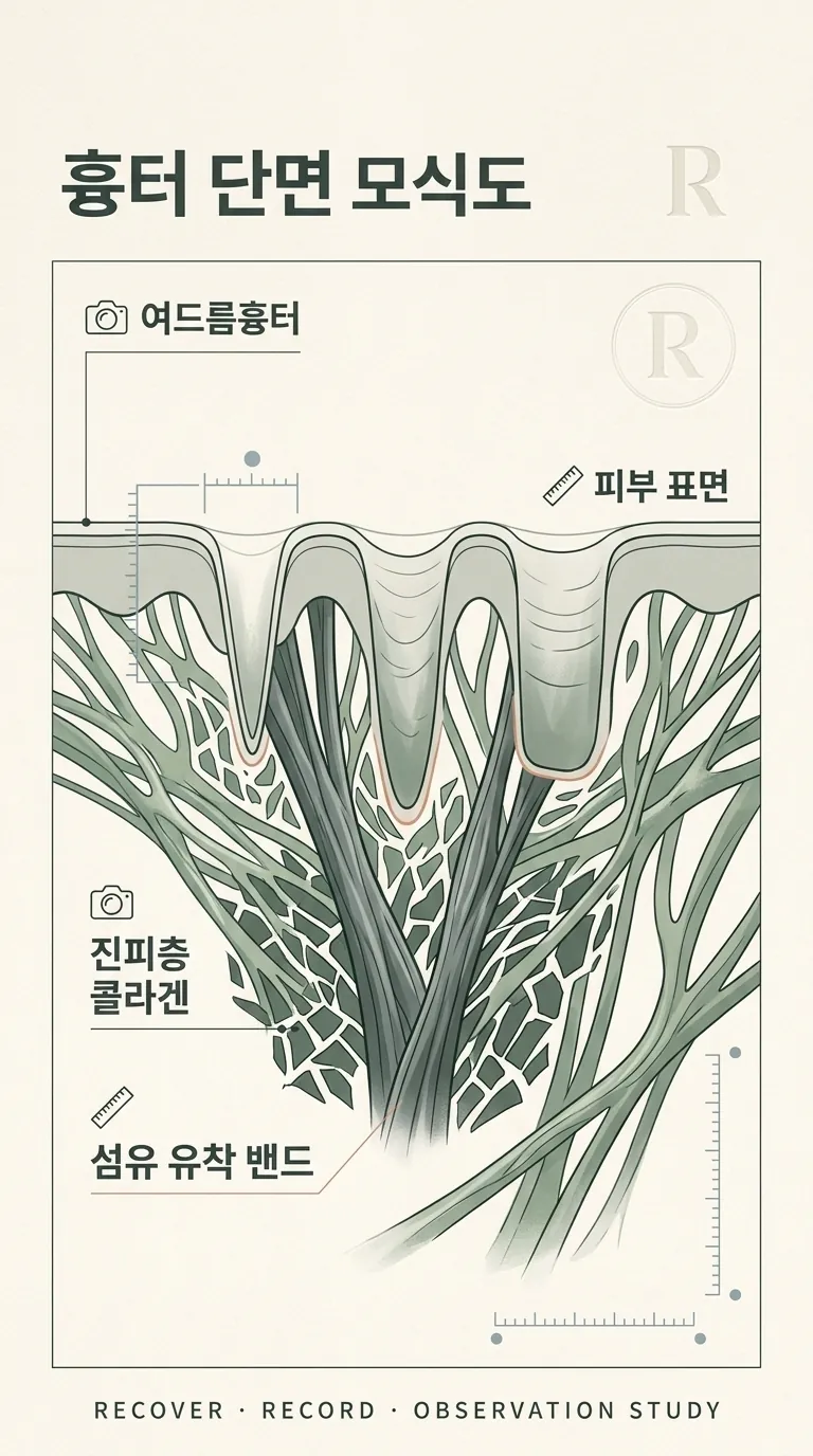 진피층 콜라겐과 섬유 유착 밴드를 보여주는 흉터 단면 모식도