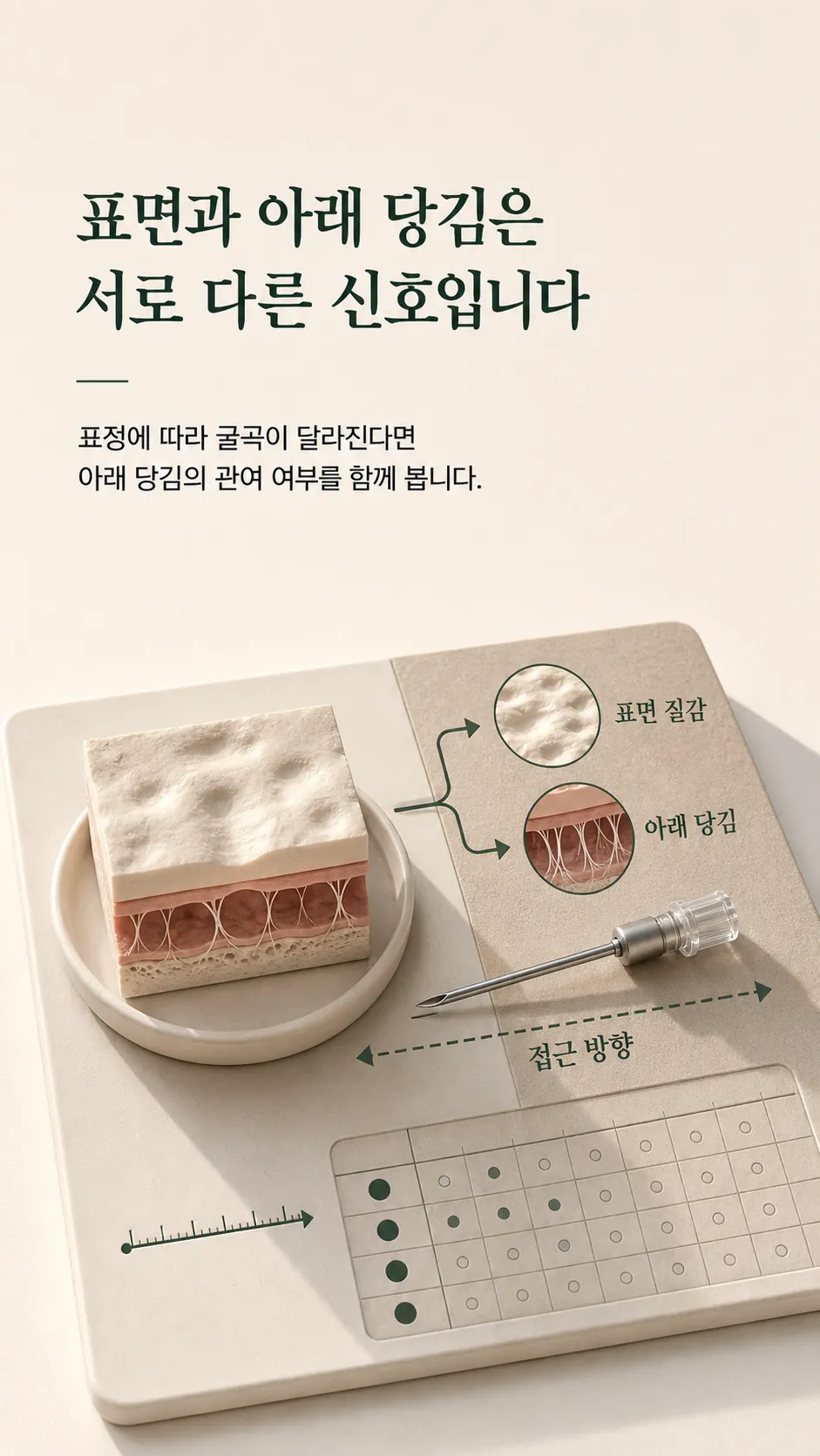 표면 질감 중심과 아래 당김 중심으로 갈라지는 롤링 흉터 접근 방향 갈림길 도식