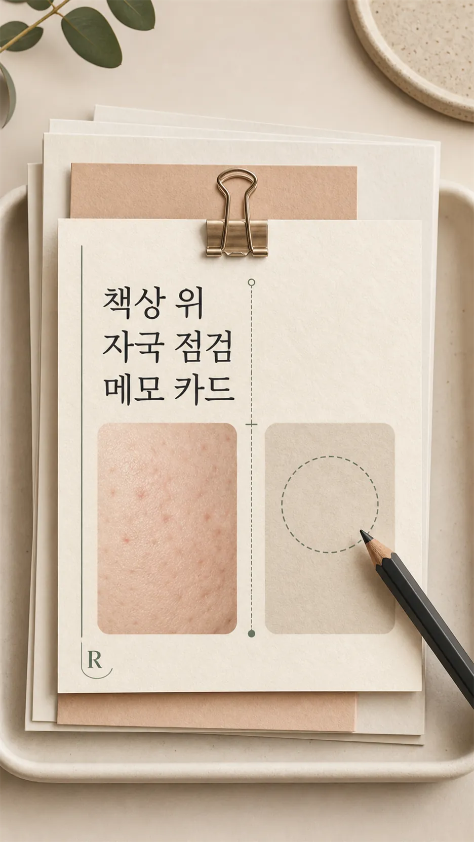 아이보리 책상 위 자국 점검 메모 카드 정물