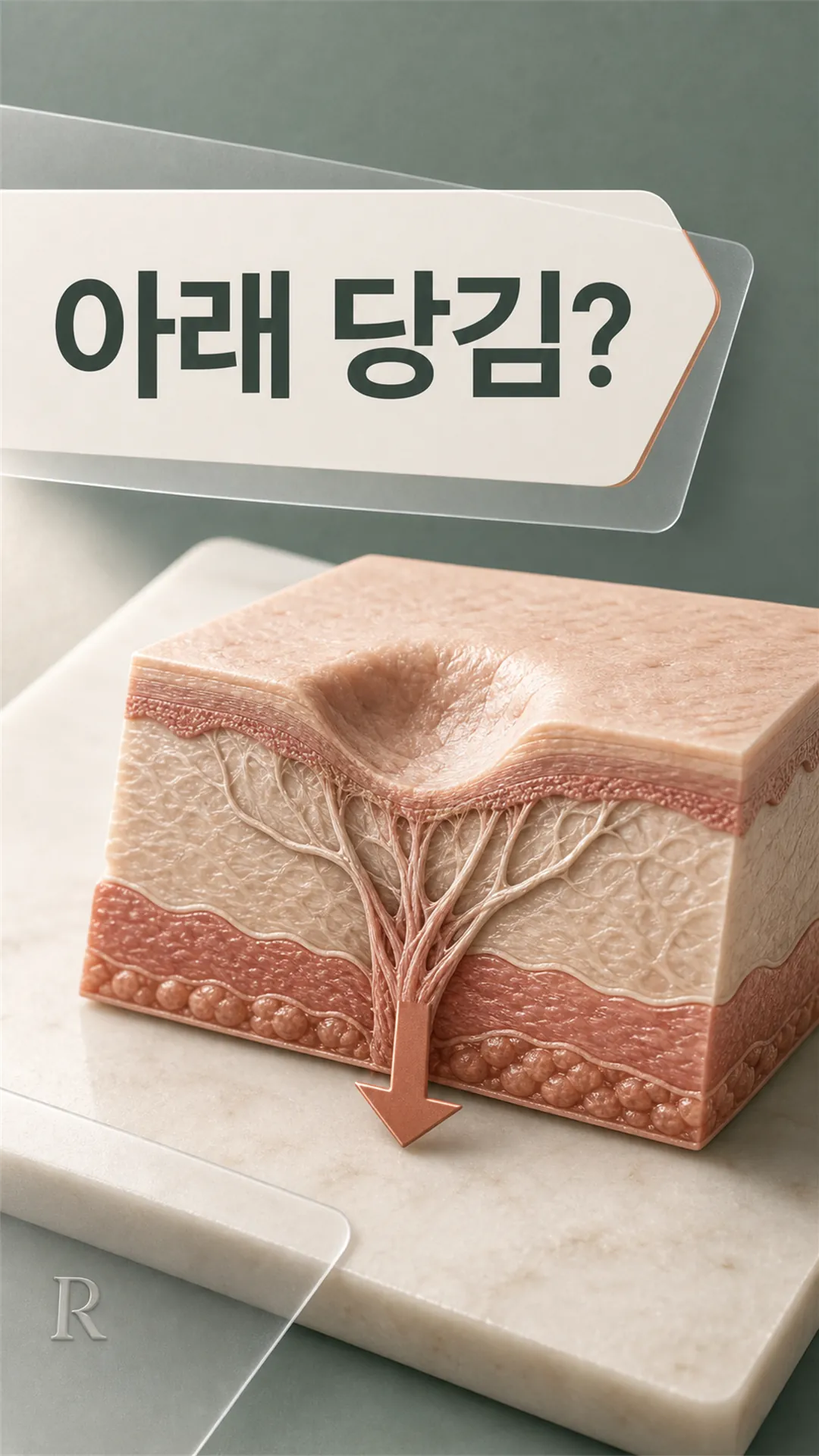 진피 단면 — 흉터 바닥을 끌어내리는 섬유 띠와 아래 당김 화살표