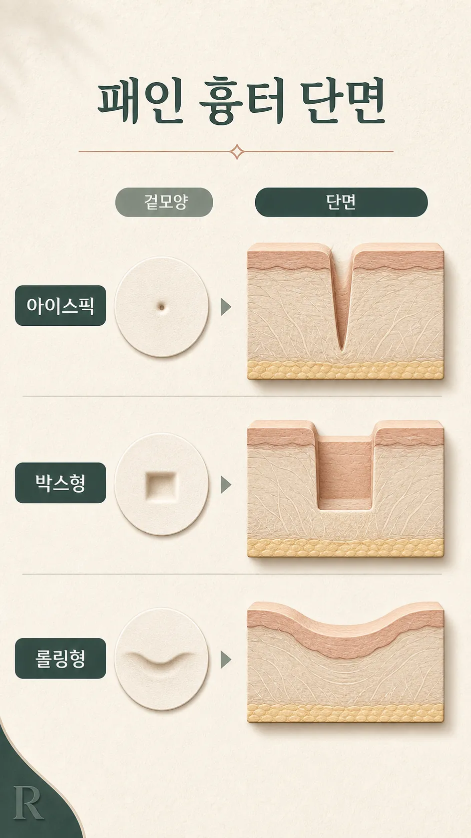 아이스픽·박스·롤링 단면 비교 모식도