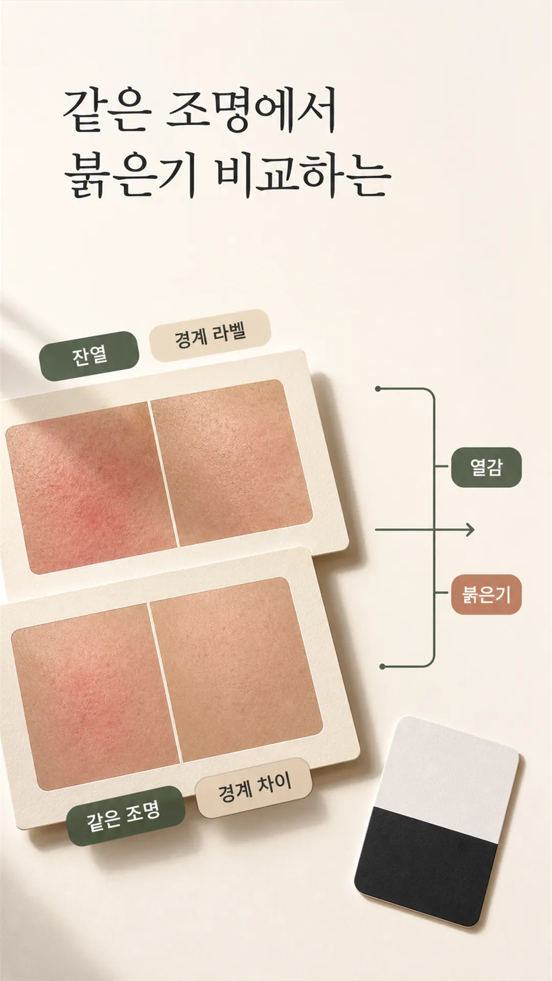 같은 조명에서 붉은기 비교하는 손과 사진 카드, 잔열·경계 라벨