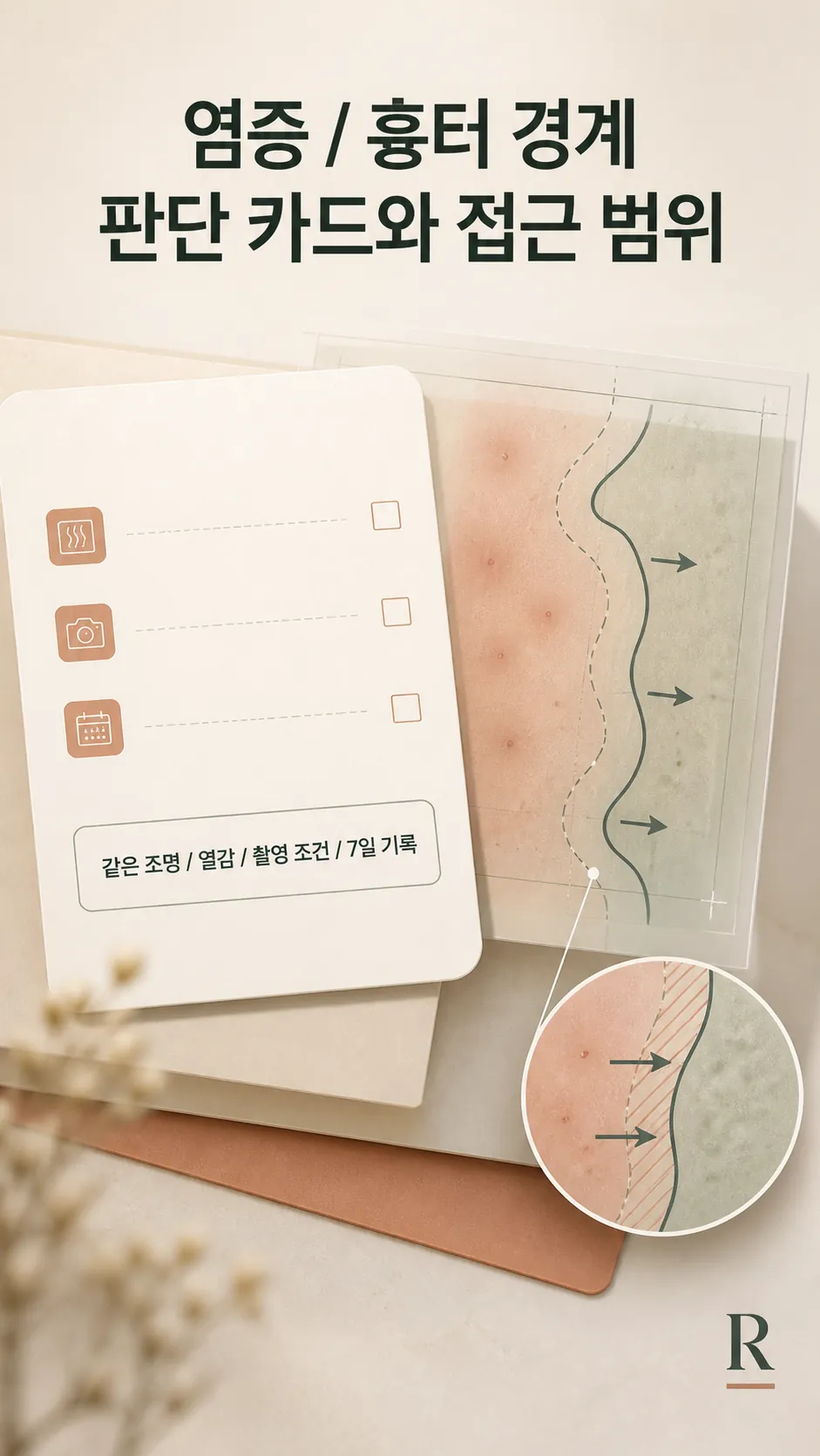 염증·흉터 경계 판단 카드와 접근 범위 표시