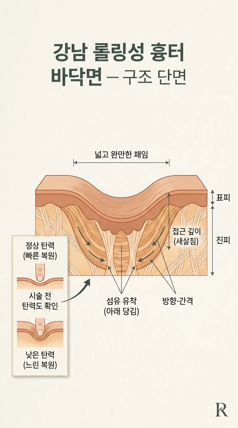 롤링성 흉터 진피 단면 구조와 아래 당김