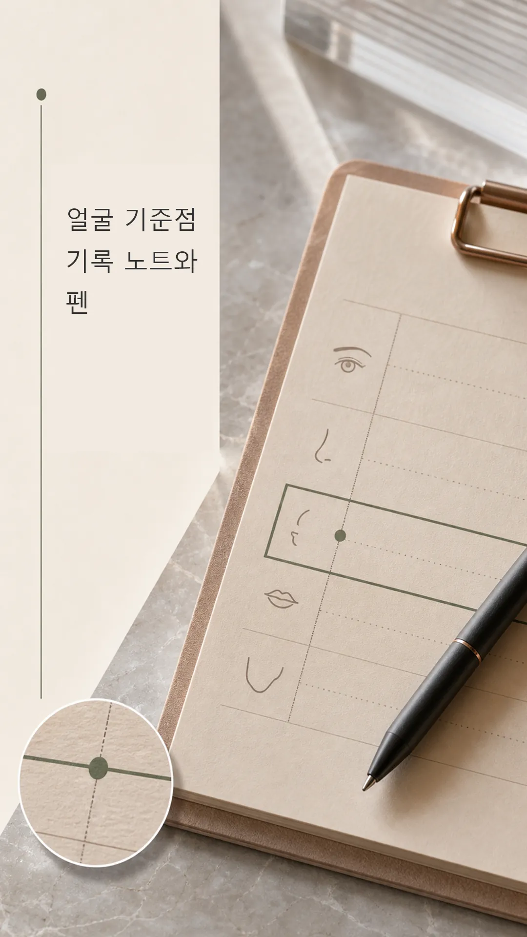 얼굴 기준점 기록 노트와 펜