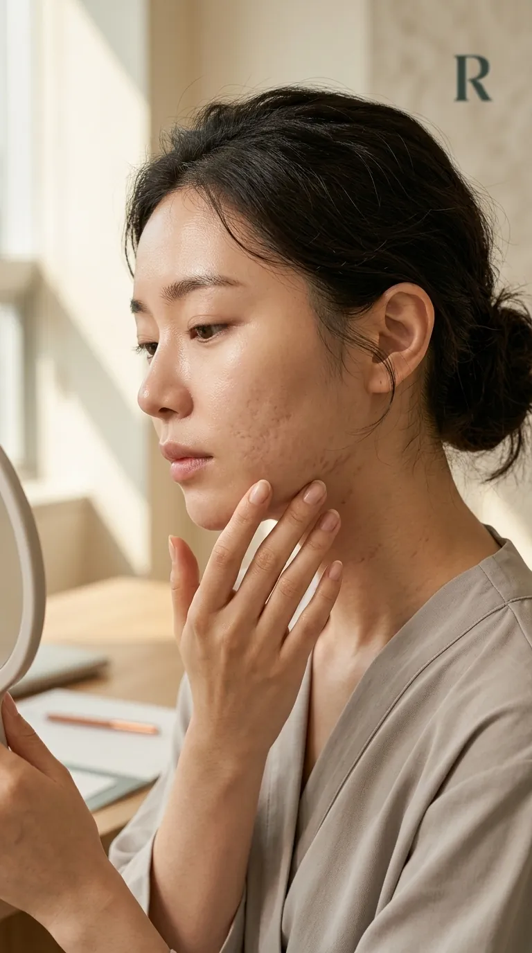 거울 앞 깊은 흉터 피부 고민