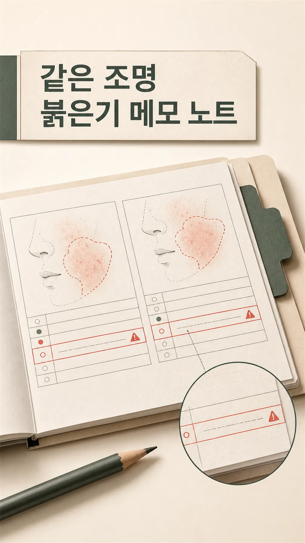 같은 조명 붉은기 메모 노트