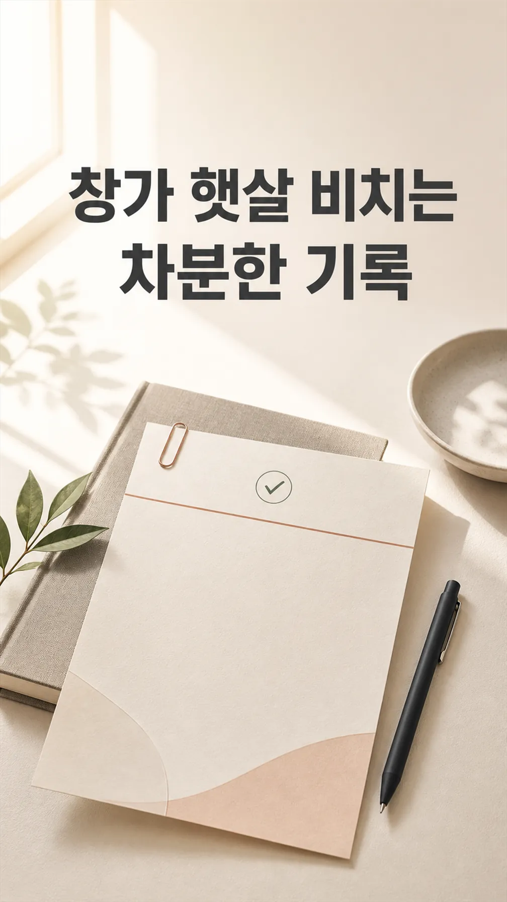 창가 햇살 비치는 차분한 기록 노트