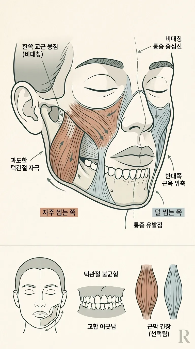 한쪽 교근과 근막이 당겨진 안면 단면 구조