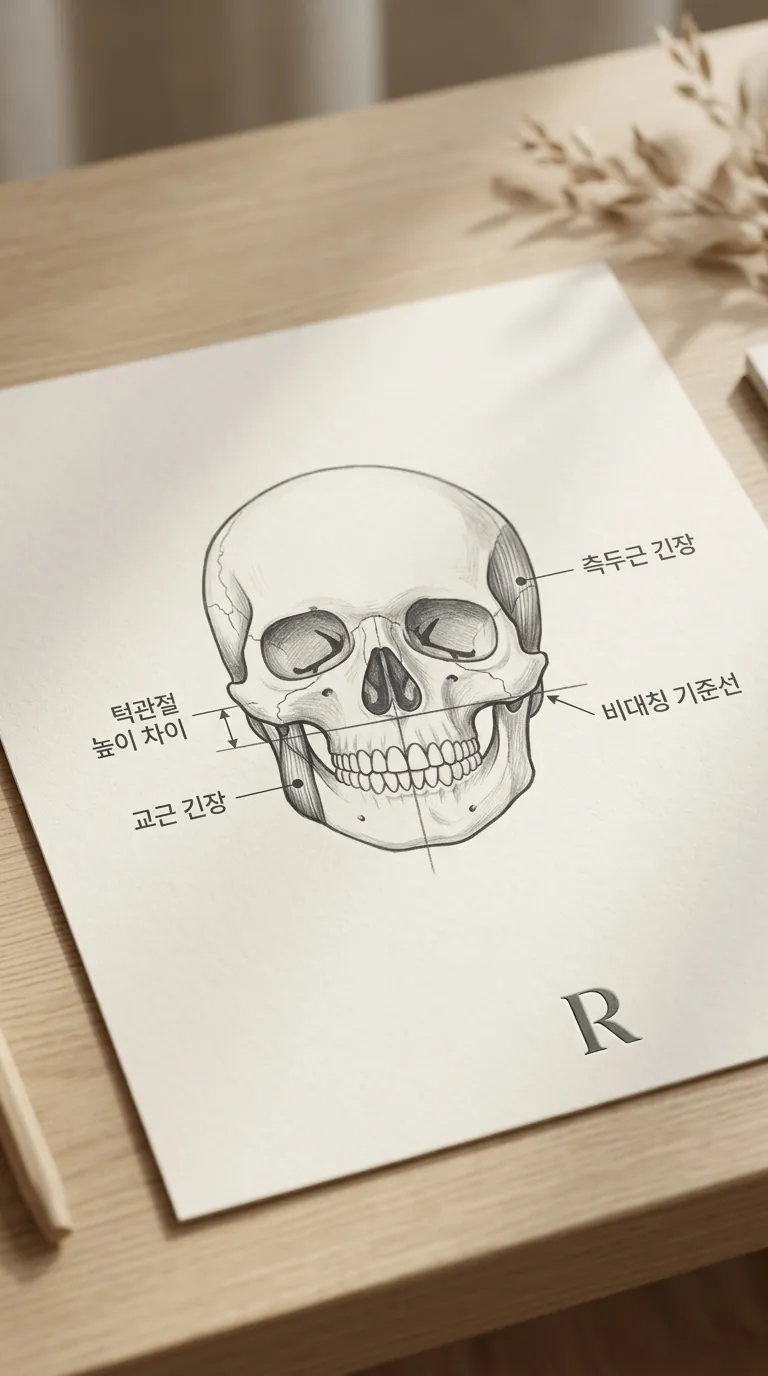 좌우 턱관절 높이 차이와 주변 근육 긴장도 표시