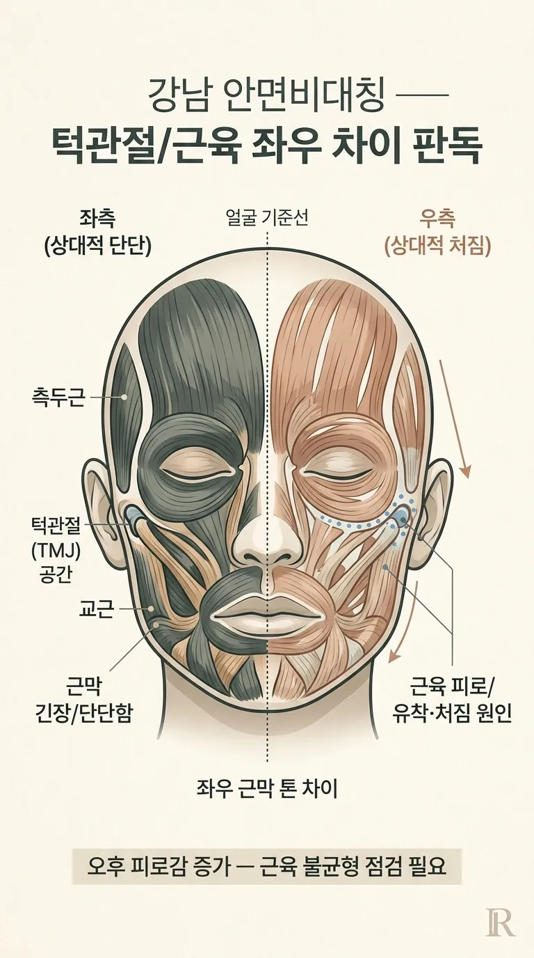 턱관절 단면과 교근·측두근 좌우 톤 차이 판독