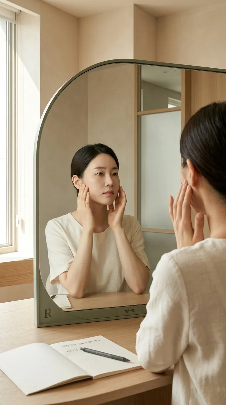거울 앞 얼굴 비대칭 고민 실사