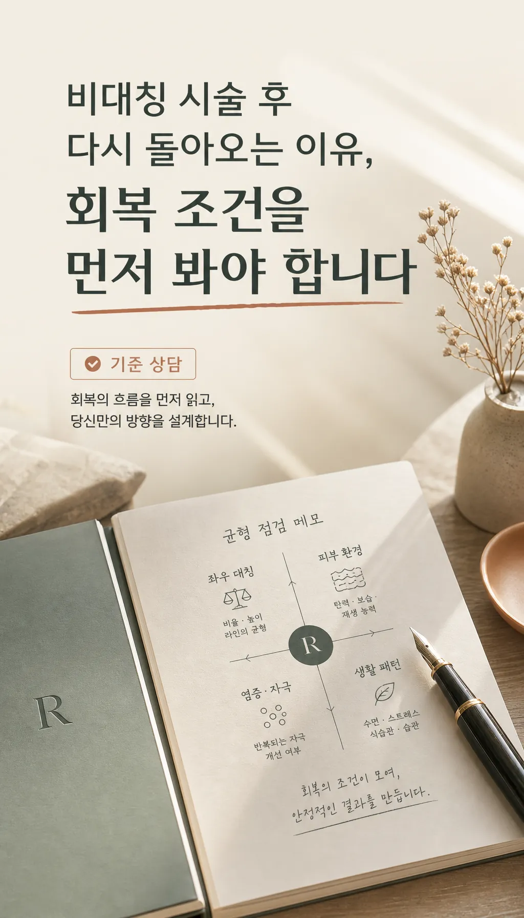 책상 위 균형 점검 메모와 펜 정물