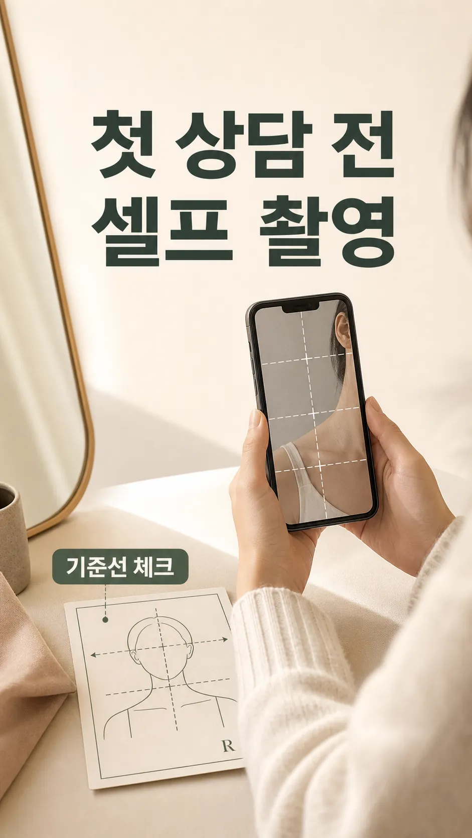 거울 앞 셀프 촬영하는 직장인 뒷모습