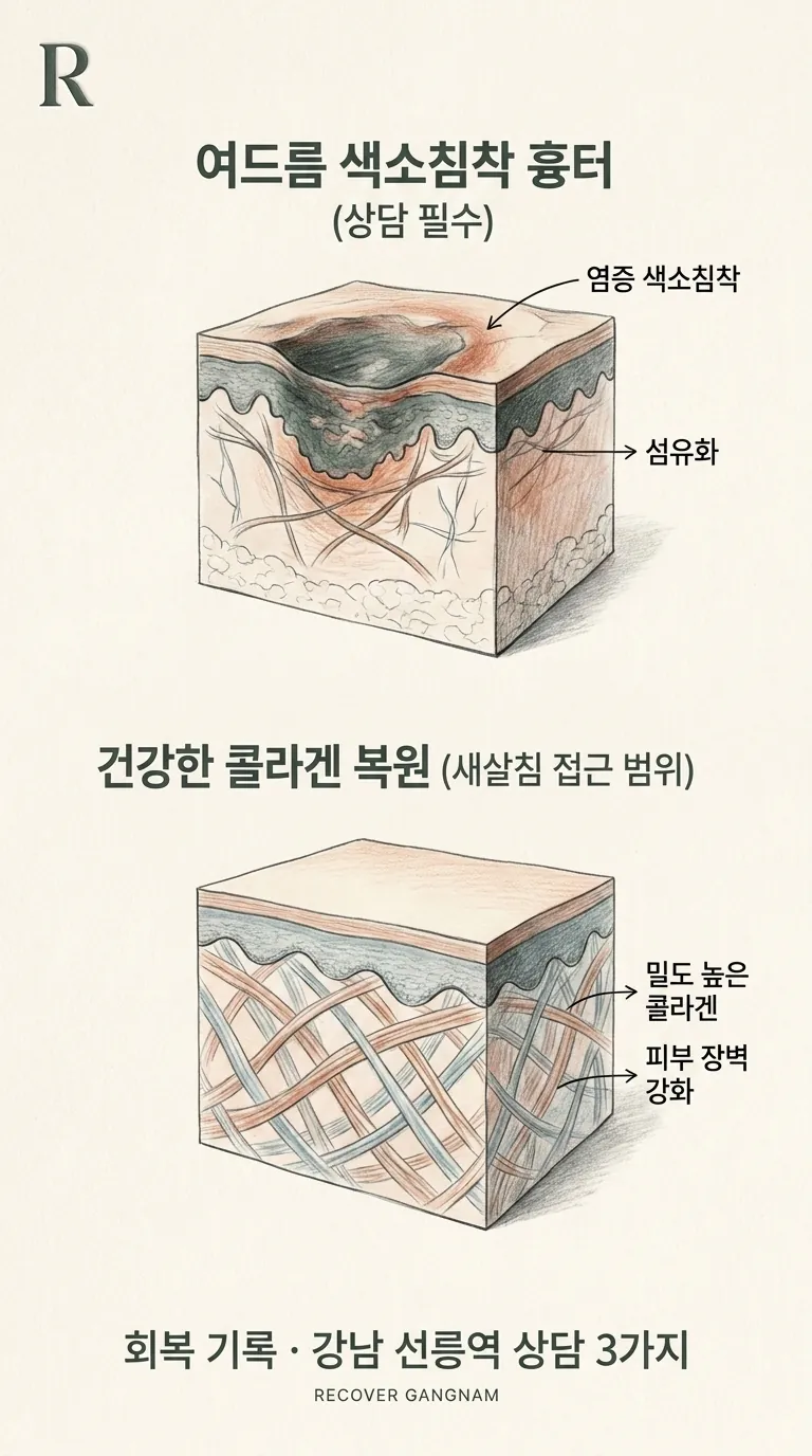 피부 아래 흉터 조직과 콜라겐 단면 구조도
