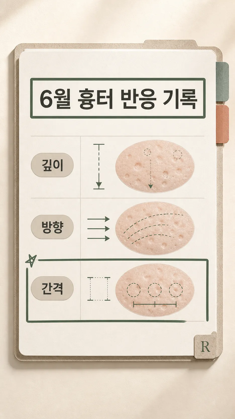 자국 경과를 날짜별로 적은 기록 노트 클로즈업