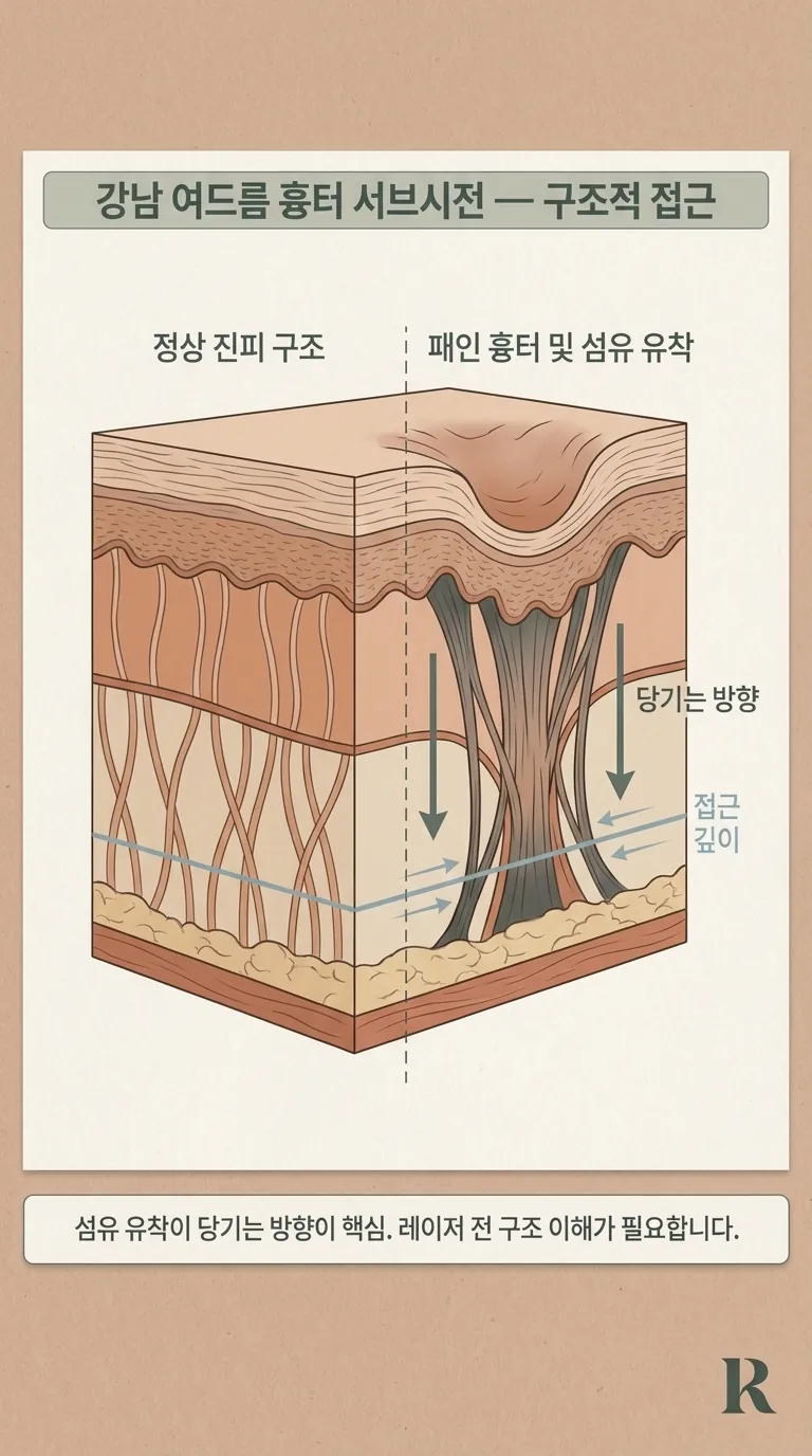 진피 단면 — 흉터 부위 섬유 유착 당기는 방향 화살표 표시