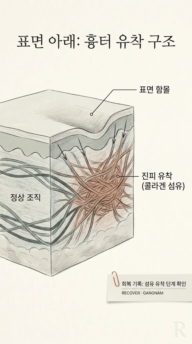 표면 아래 흉터 유착 구조 시각화 모식도