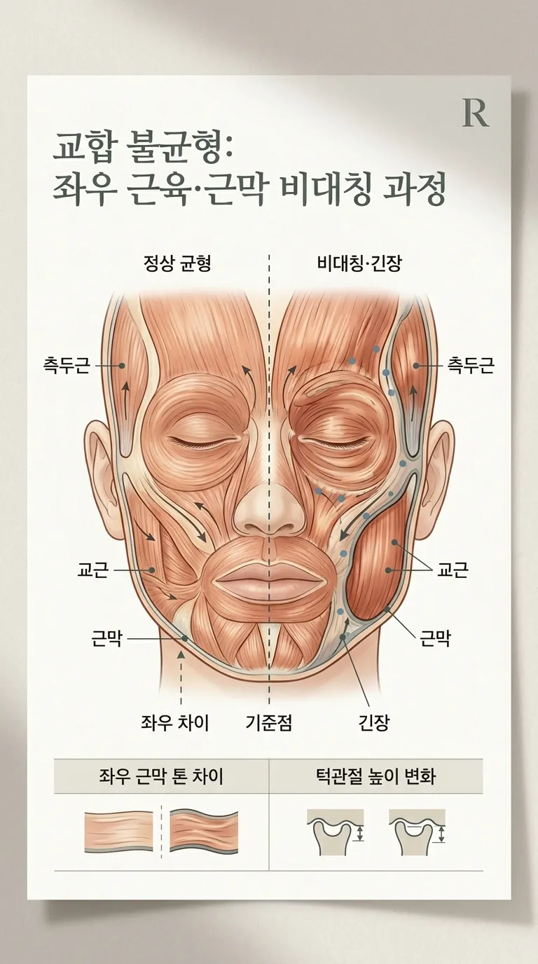 교근과 측두근 단면, 좌우 근막 톤 차이 시각화
