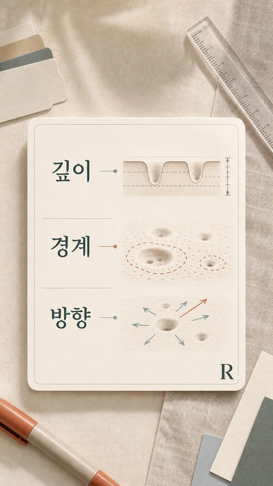 흉터 유형별 접근 깊이·방향 표시 판단 카드