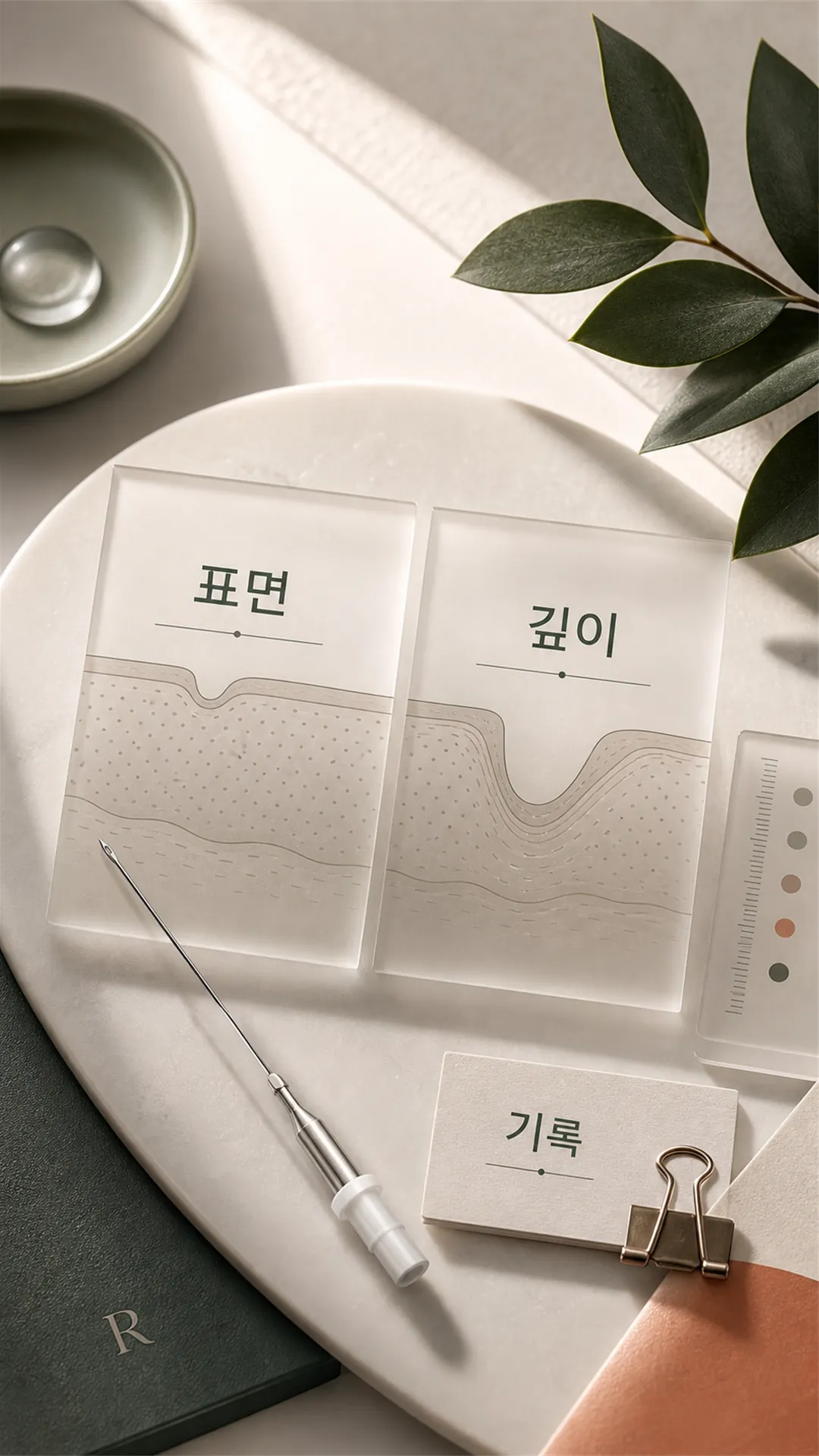 캐뉼라형 정밀 니들 실루엣과 기준 카드 정물