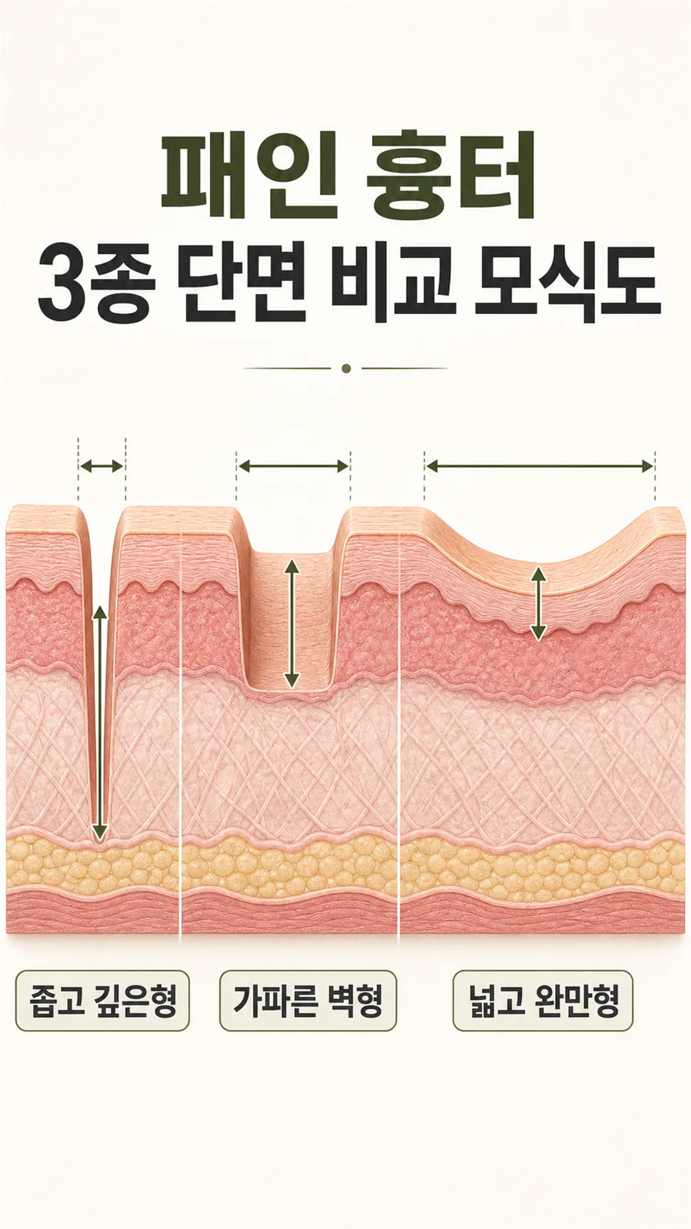 패인 흉터 3종 단면 비교 모식도