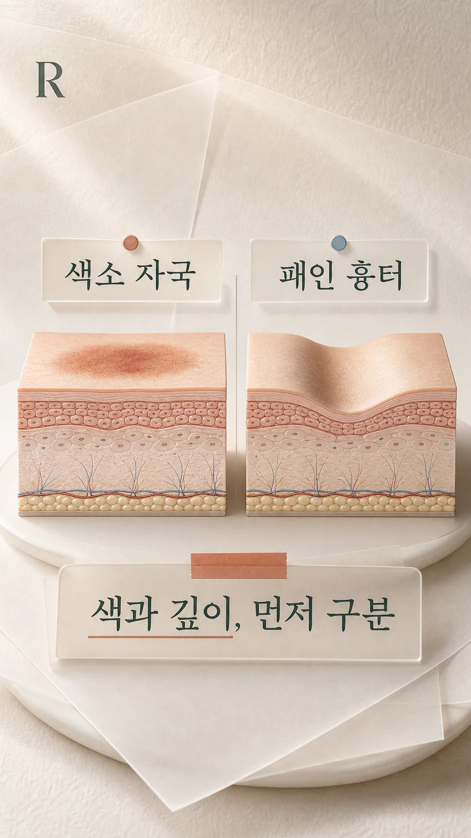 패인 흉터와 색소 자국 단면 비교 모식도
