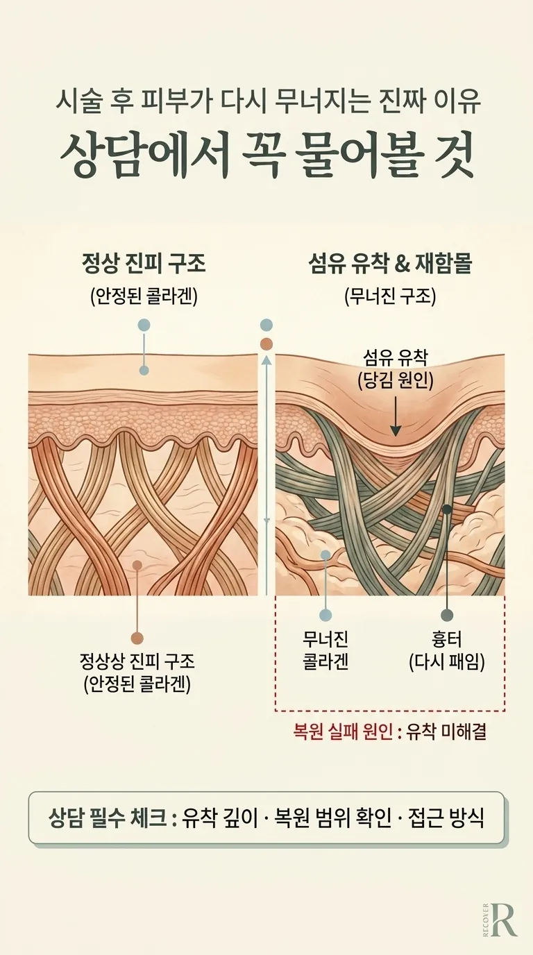 진피 콜라겐 섬유 유착과 흉터 구조 단면