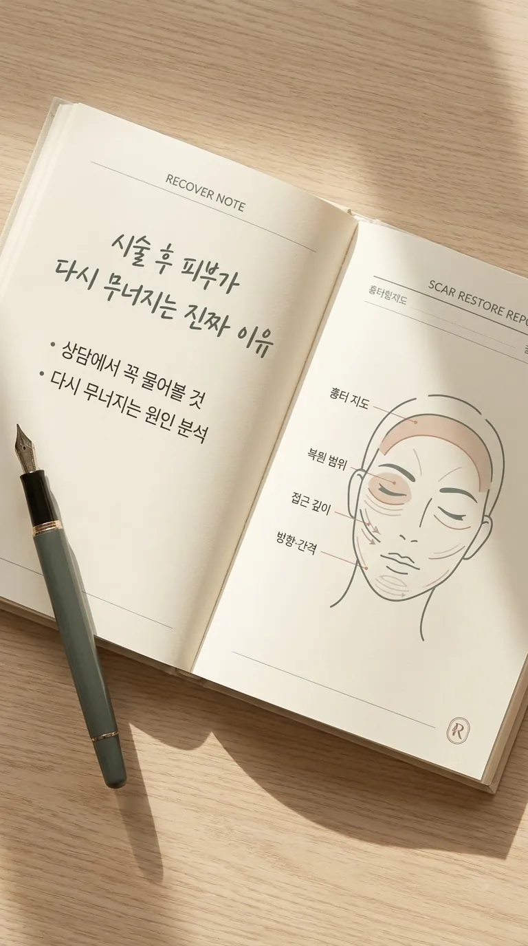 복원 노트 펼쳐진 상담 노트와 만년필 클로즈업