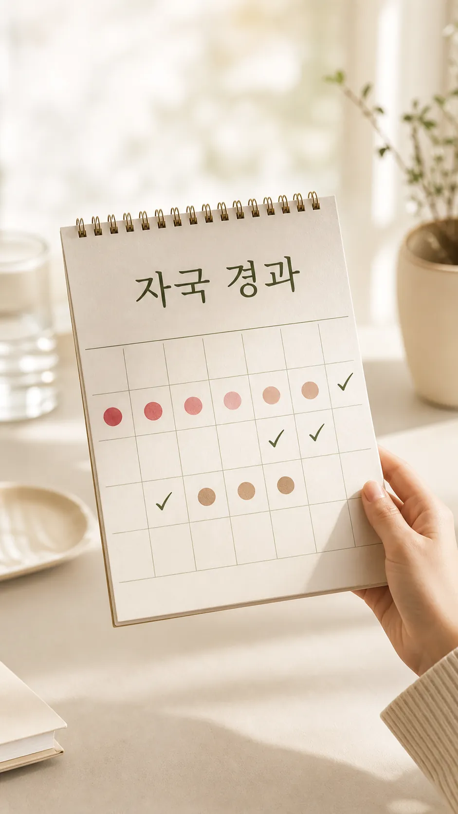 자국 경과를 적은 캘린더를 든 손