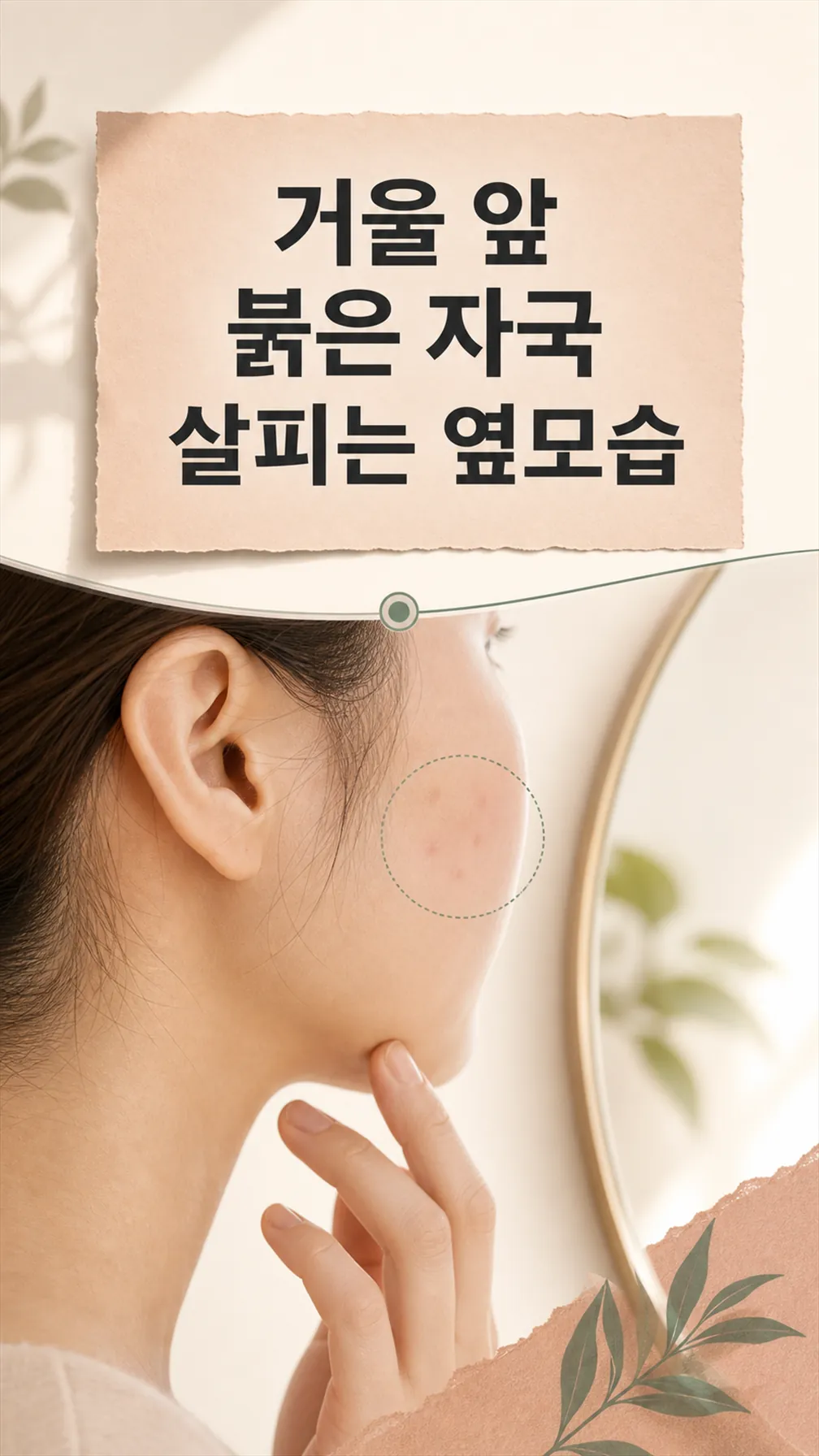 거울 앞 붉은 자국 살피는 옆모습 실루엣
