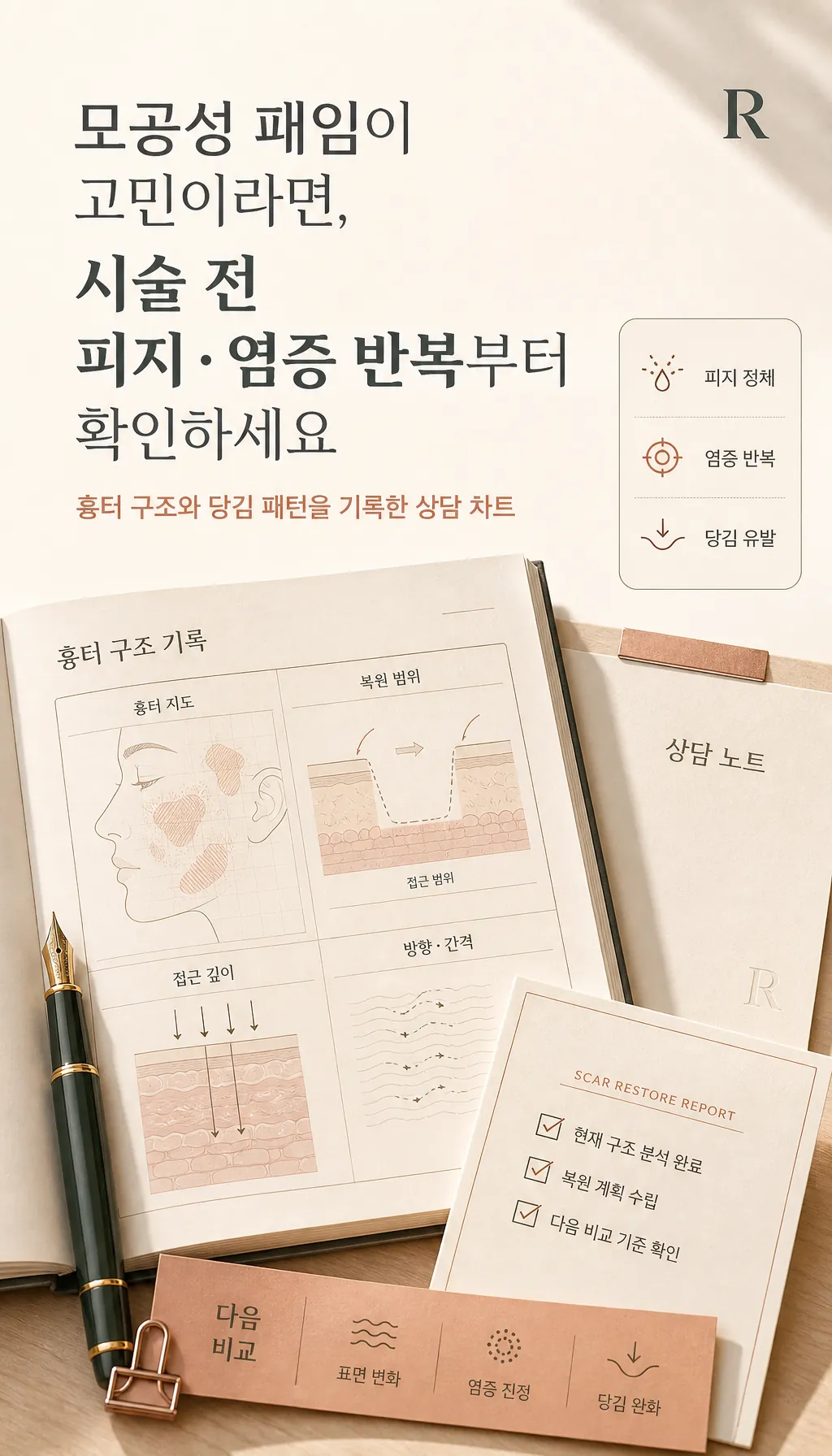 흉터 구조와 당김 패턴을 기록한 상담 차트