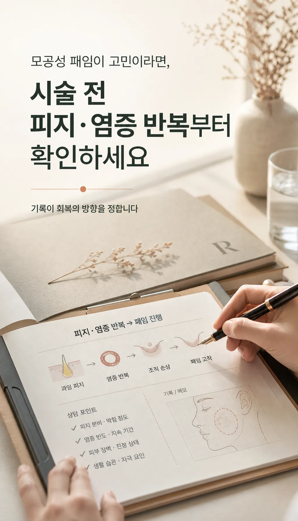 만년필과 상담 차트가 놓인 진료실 데스크
