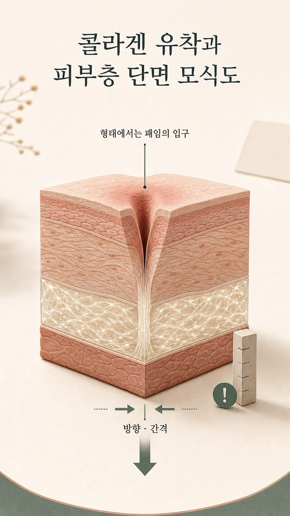 진피층 콜라겐 유착과 피부층 단면 모식도