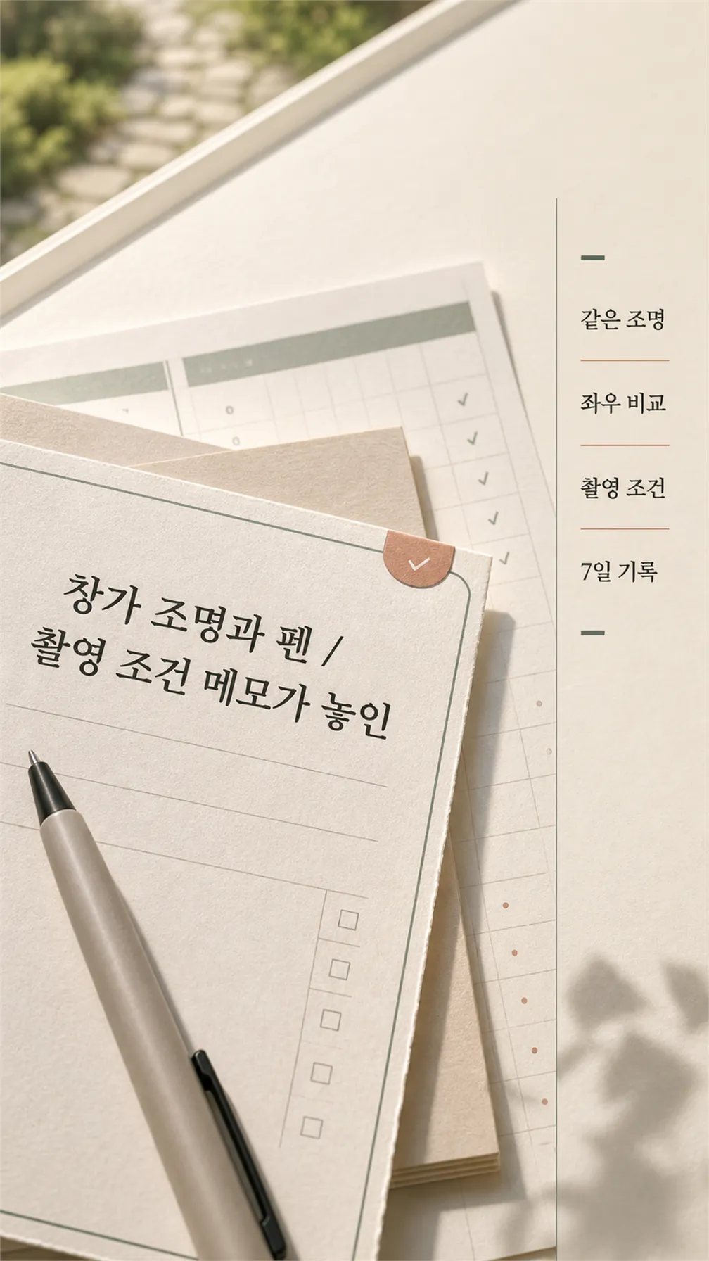 창가 조명과 펜·촬영 조건 메모가 놓인 정물