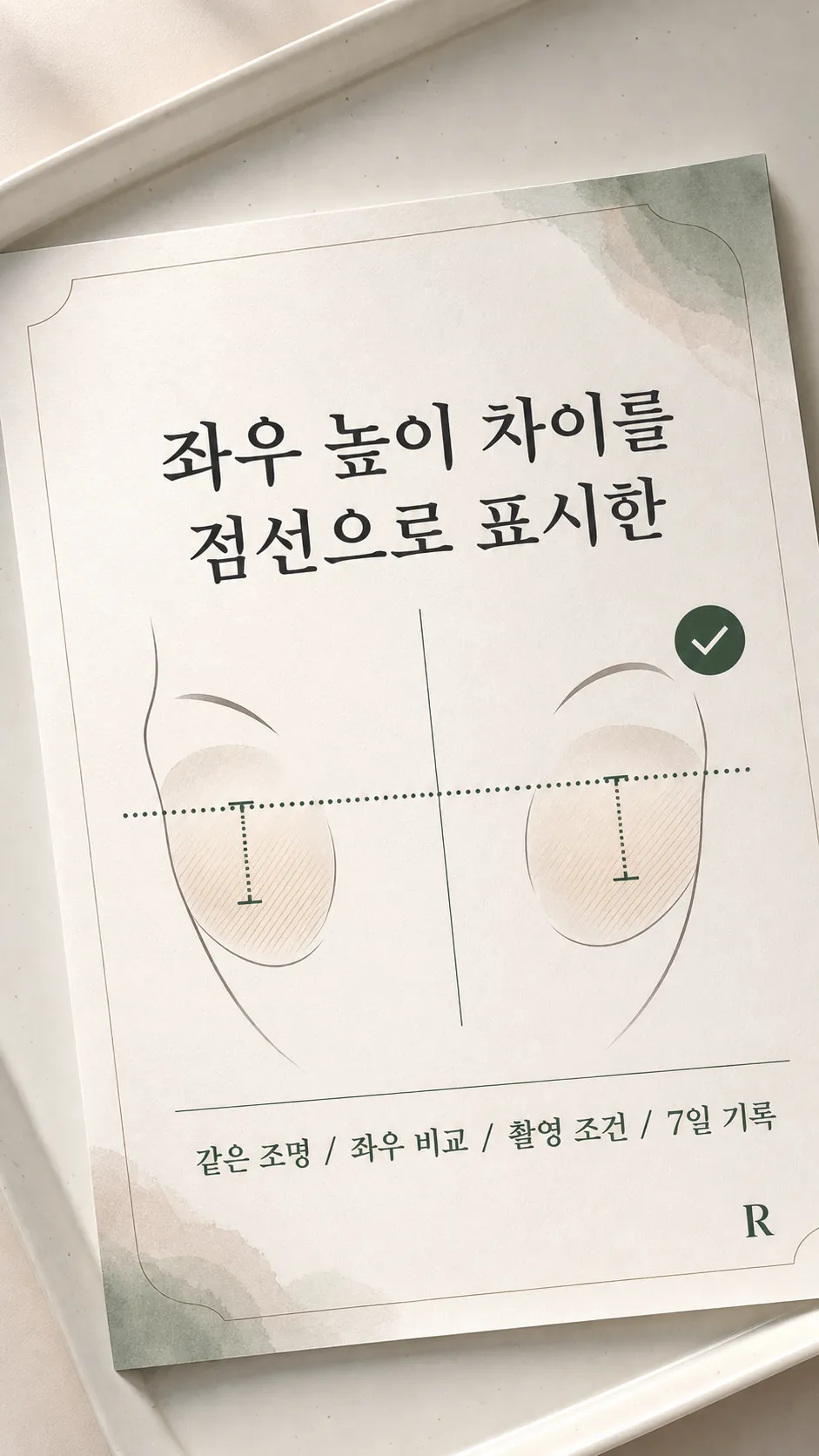 좌우 높이 차이를 점선으로 표시한 기준선 비교 카드