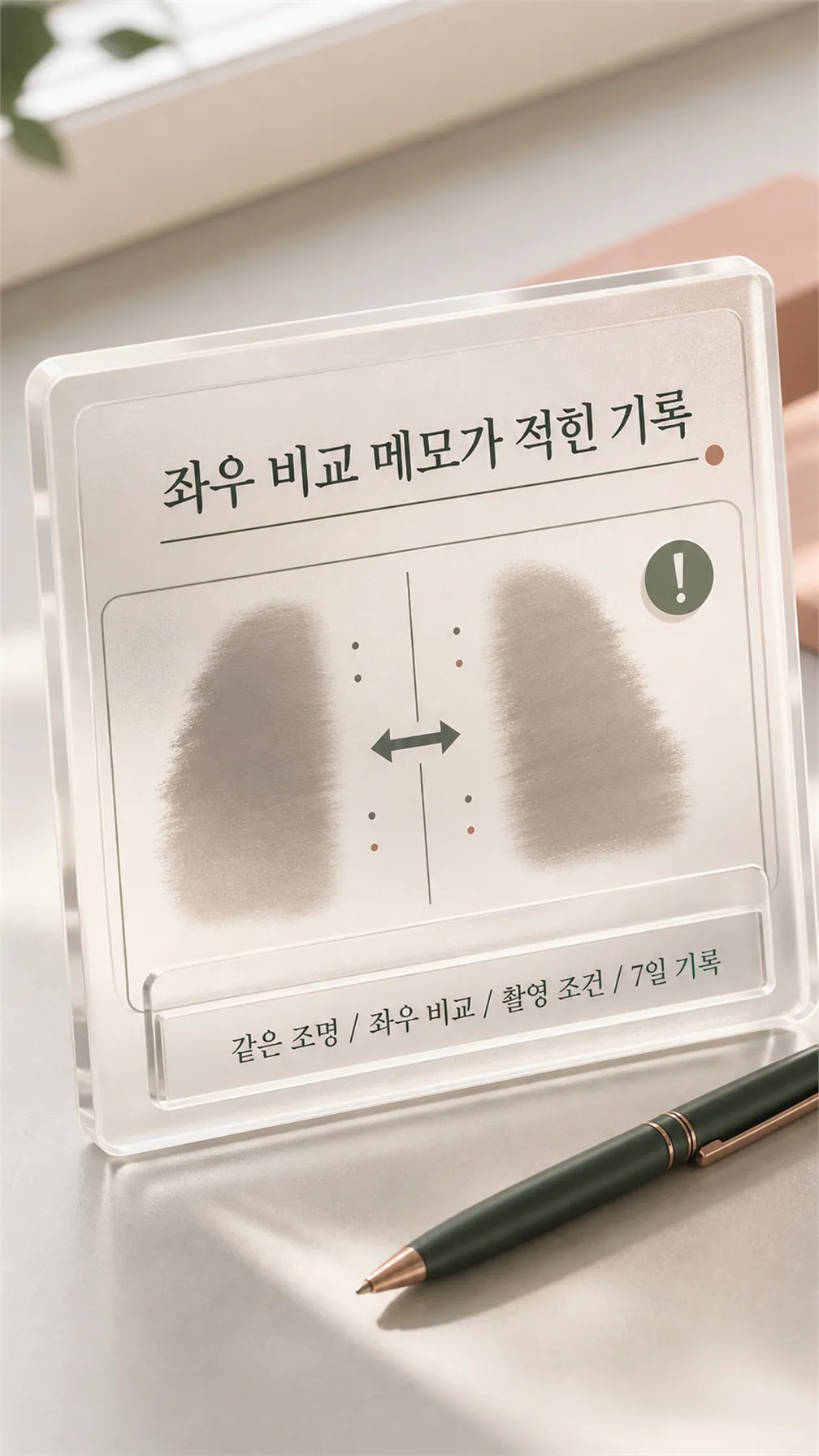 좌우 비교 메모가 적힌 기록 노트와 만년필